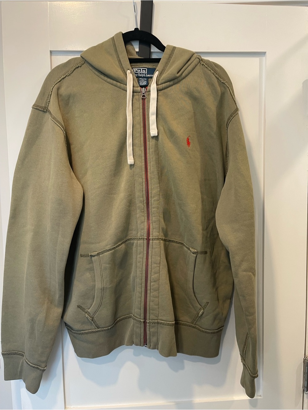 Men’s Polo by Ralph Lauren Olive Green Zip Hoodie minor stain on sleeve sz XL
